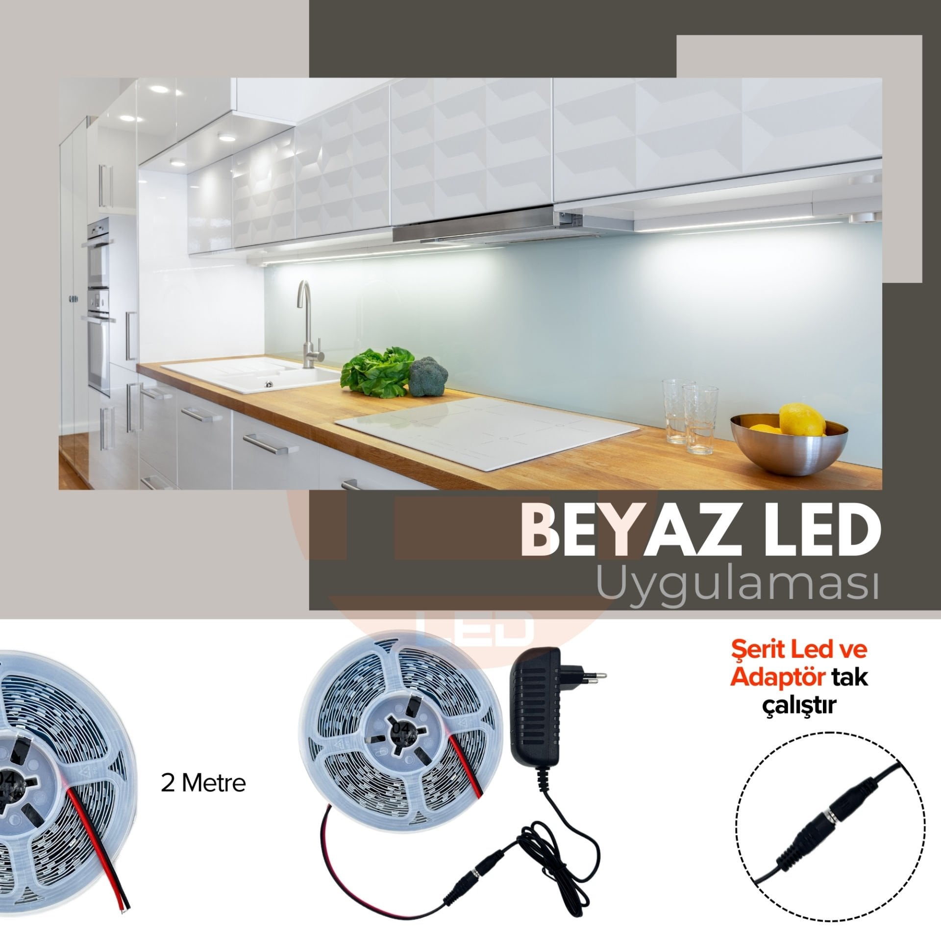 Şerit LED Jaklı İç Mekan Tak Çalıştır Adaptör Dahil 12V IP20 Yüksek Lümen, Tezgah, Dolap, Mutfak, Ayna Aydınlatma İçin