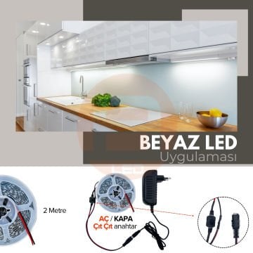 Şerit LED Tak Çalıştır Hazır Set, Çıt Çıt Aç-Kapa Anahtar ve Adaptör Dahil, Gizli Aydınlatma, Mutfak, Tezgah, Dolap İçi ve Ayna İçin