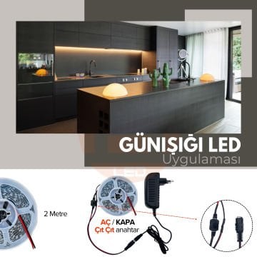 Şerit LED Tak Çalıştır Hazır Set, Çıt Çıt Aç-Kapa Anahtar ve Adaptör Dahil, Gizli Aydınlatma, Mutfak, Tezgah, Dolap İçi ve Ayna İçin