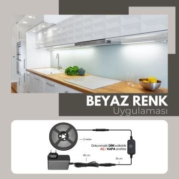Şerit LED Tak Çalıştır Hazır Set, Dokunmatik Aç-Kapa Anahtar Dokunmatik Parlaklık Ayarı ve Adaptör Dahil, Gizli Aydınlatma, Mutfak, Tezgah, Dolap İçi ve Ayna İçin