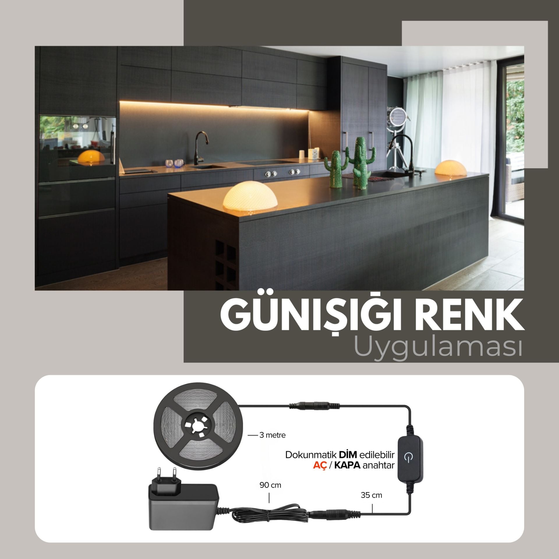 Şerit LED Tak Çalıştır Hazır Set, Dokunmatik Aç-Kapa Anahtar Dokunmatik Parlaklık Ayarı ve Adaptör Dahil, Gizli Aydınlatma, Mutfak, Tezgah, Dolap İçi ve Ayna İçin