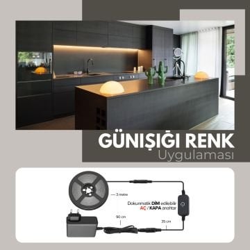 Şerit LED Tak Çalıştır Hazır Set, Dokunmatik Aç-Kapa Anahtar Dokunmatik Parlaklık Ayarı ve Adaptör Dahil, Gizli Aydınlatma, Mutfak, Tezgah, Dolap İçi ve Ayna İçin