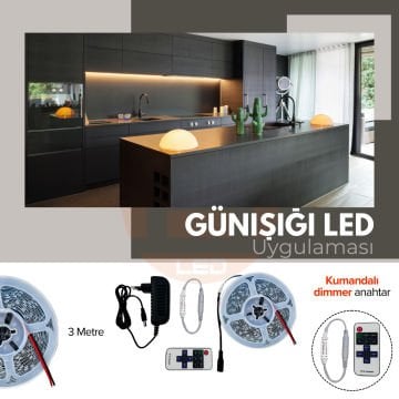 Şerit LED Tak Çalıştır Hazır Set, Kumandalı Dimmer ve Adaptör Dahil, Gizli Aydınlatma, Mutfak, Tezgah, Dolap İçi ve Ayna İçin