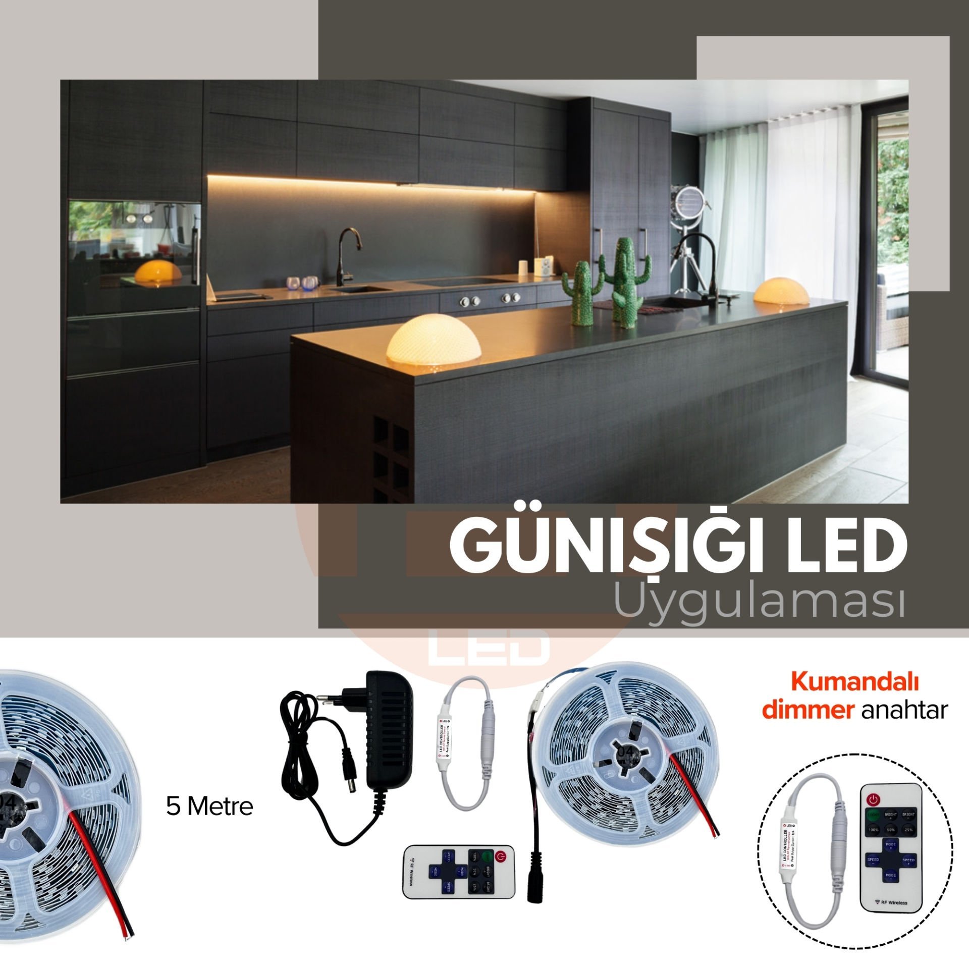 4040 Şerit LED Tak Çalıştır Hazır Set, Kumandalı Dimmer ve Adaptör Dahil, Gizli Aydınlatma, Mutfak, Tezgah, Dolap İçi ve Ayna İçin