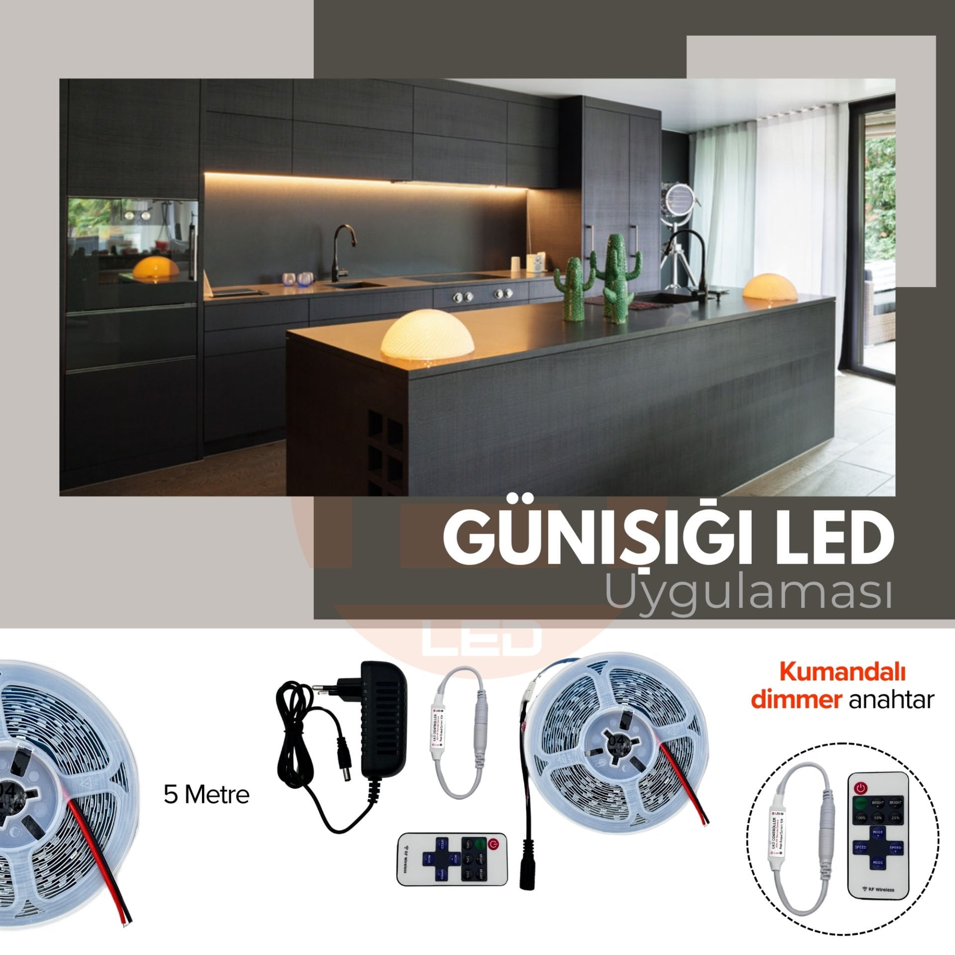 Şerit LED Tak Çalıştır Hazır Set, Kumandalı Dimmer ve Adaptör Dahil, Gizli Aydınlatma, Mutfak, Tezgah, Dolap İçi ve Ayna İçin