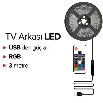 Cata 5v Usb Girişli Tv Arkası Ambiyans RGB Şerit Led Seti Kumandalı 3 Metre