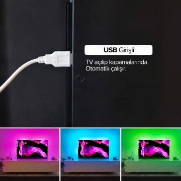 Cata 5v Usb Girişli Tv Arkası Ambiyans RGB Şerit Led Seti Kumandalı 3 Metre