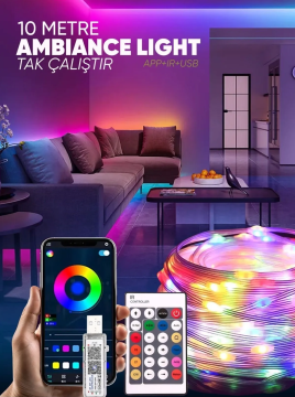 Pixel Rgb Magic Peri ışık 10 Metre - 5v Usb Girişli, Bluetooth Uygulamalı, Uzaktan Kumandalı, Müziğe Duyarlı, Suya Dayanıklı, Parti, Yılbaşı, Doğum Günü, Eğlence için